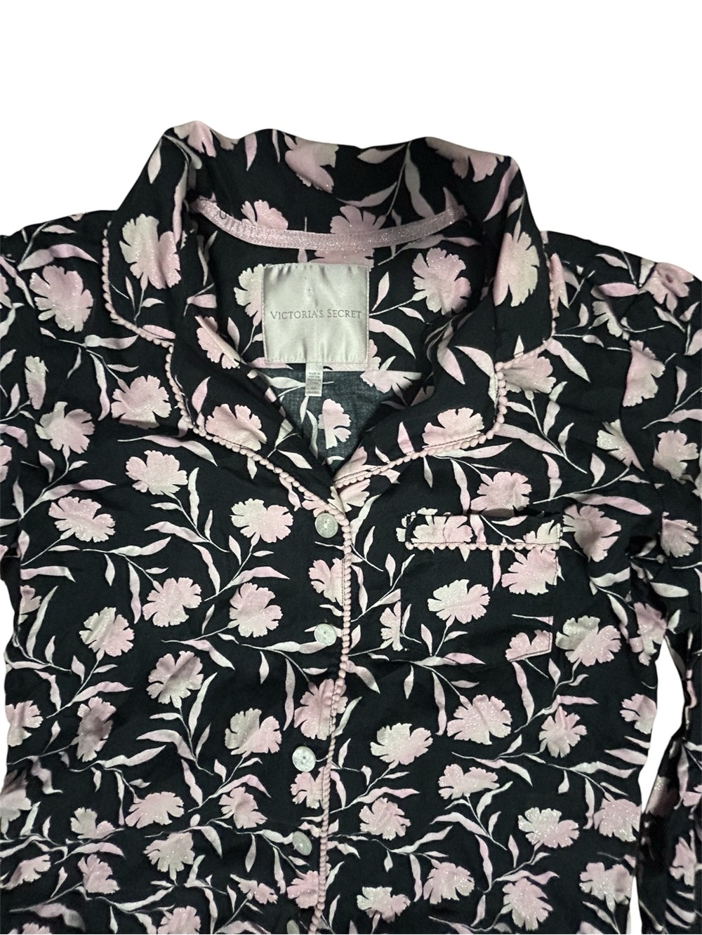 Victoria’s Secret Floral Pajama Set Soft Black with Pink Bloom Sz S - Like New